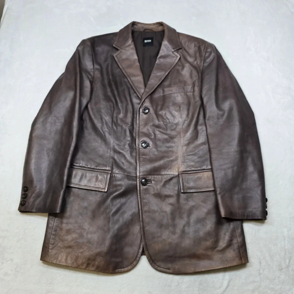 Hugo Boss Leather Blazer Jacket Mens XL 46R Brown Lamb Leather Soft! Distressed - Picture 2 of 16